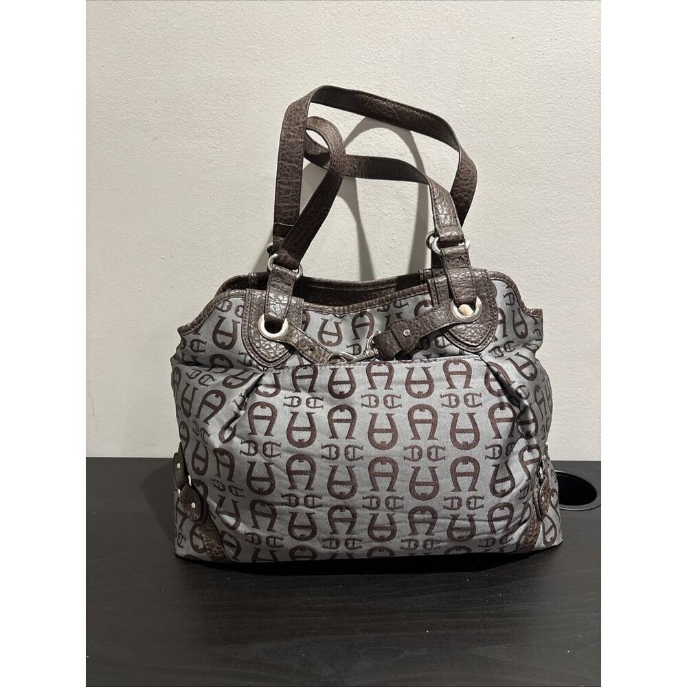 Etienne Aigner Handbag Shoulder Purse Blue Gray with Brown Faux Croc Trim Logo
